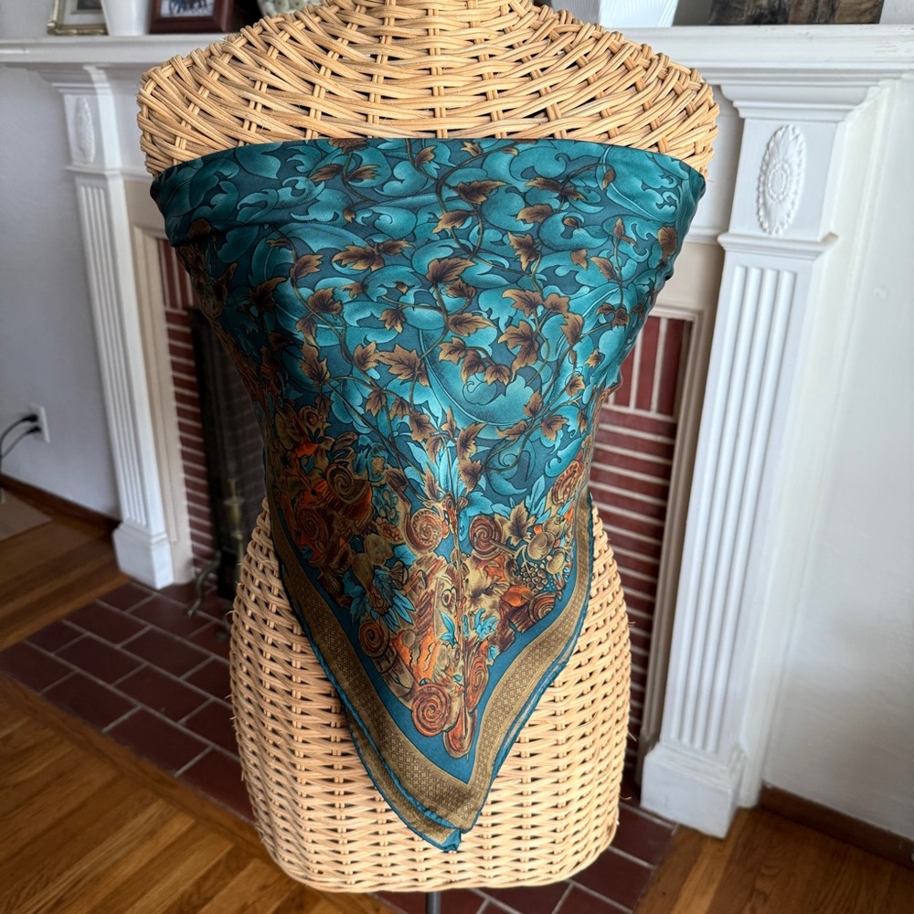 Vintage Ellen Tracy teal and orange chic silk boho scarf - Picture 2 of 12